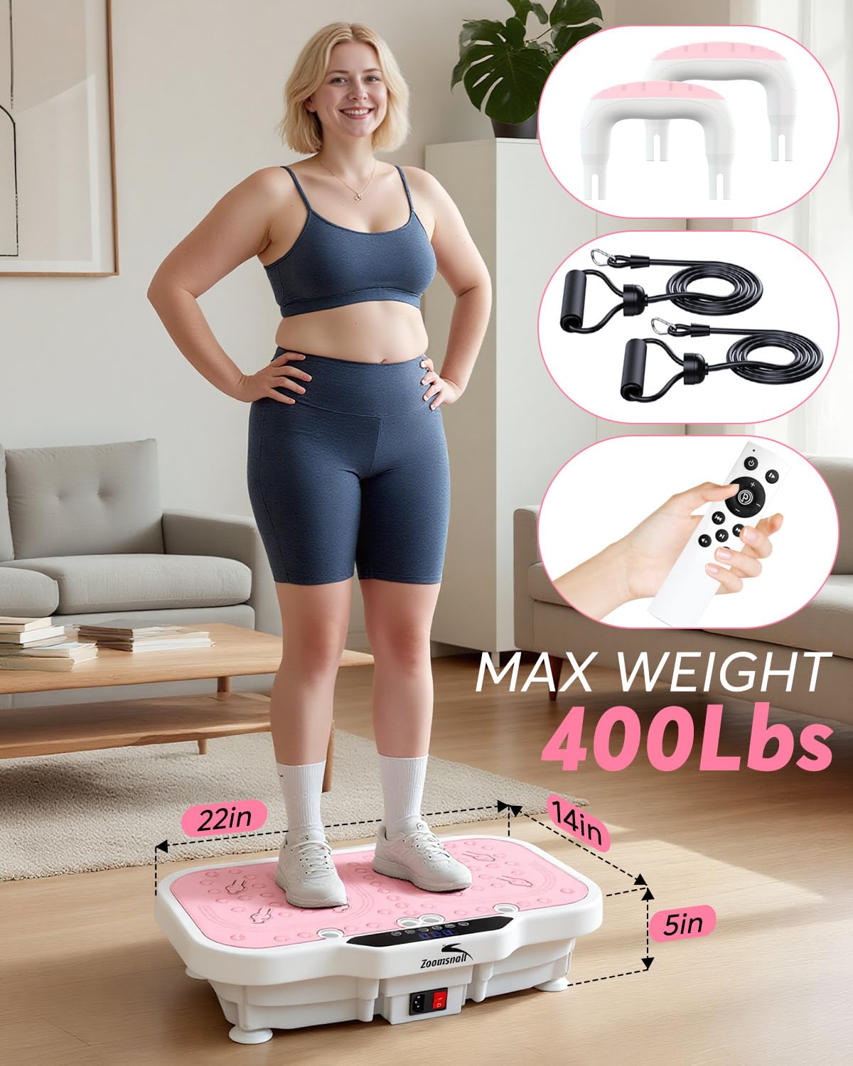 Zoomsnail Vibration Plate Exercise Machine, 8000 Vibrations/min Adjustable Fitness Platform, 400 Lbs Capacity Whole Body Workout Extra Large Size Platform with Bluetooth for Weight Loss, Women & Men
