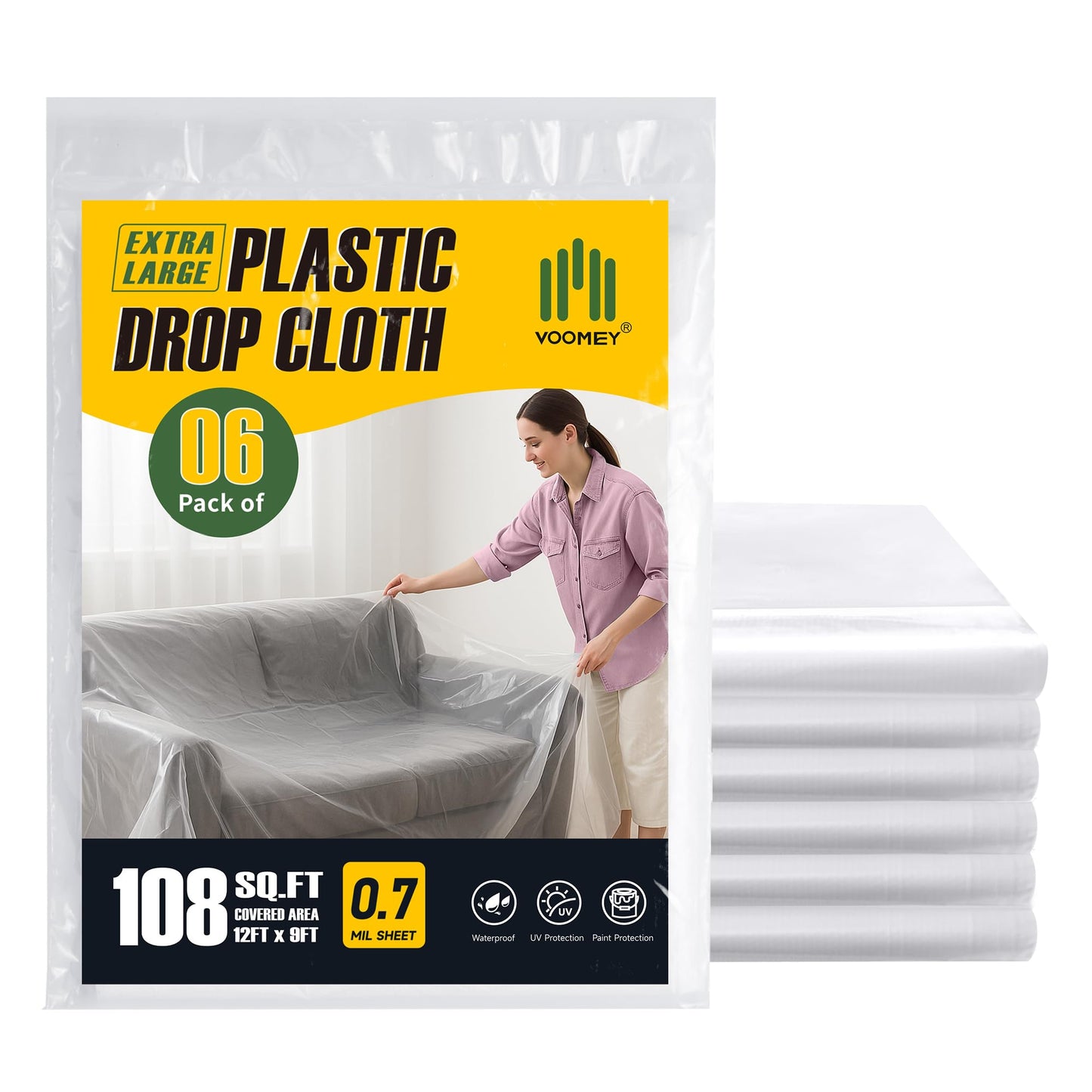 Voomey 6-Pack Plastic Drop Cloth 9x12 Feet - Waterproof and Clear Drop Cloth for Painting Sheet - Plastic Sheeting - Furniture Protection, and Floor Covering
