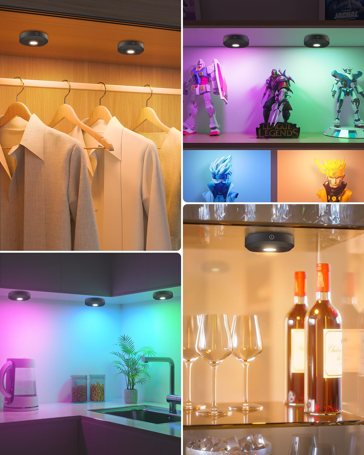 WILLED RGB Under Cabinet Lights,Rechargeable Puck Lights with Remote Control, Wireless Push Light with Timer Function,Dimmable LED Touch Tap Light for Kitchen,Cabinet,Closet, Counter,3 Pack