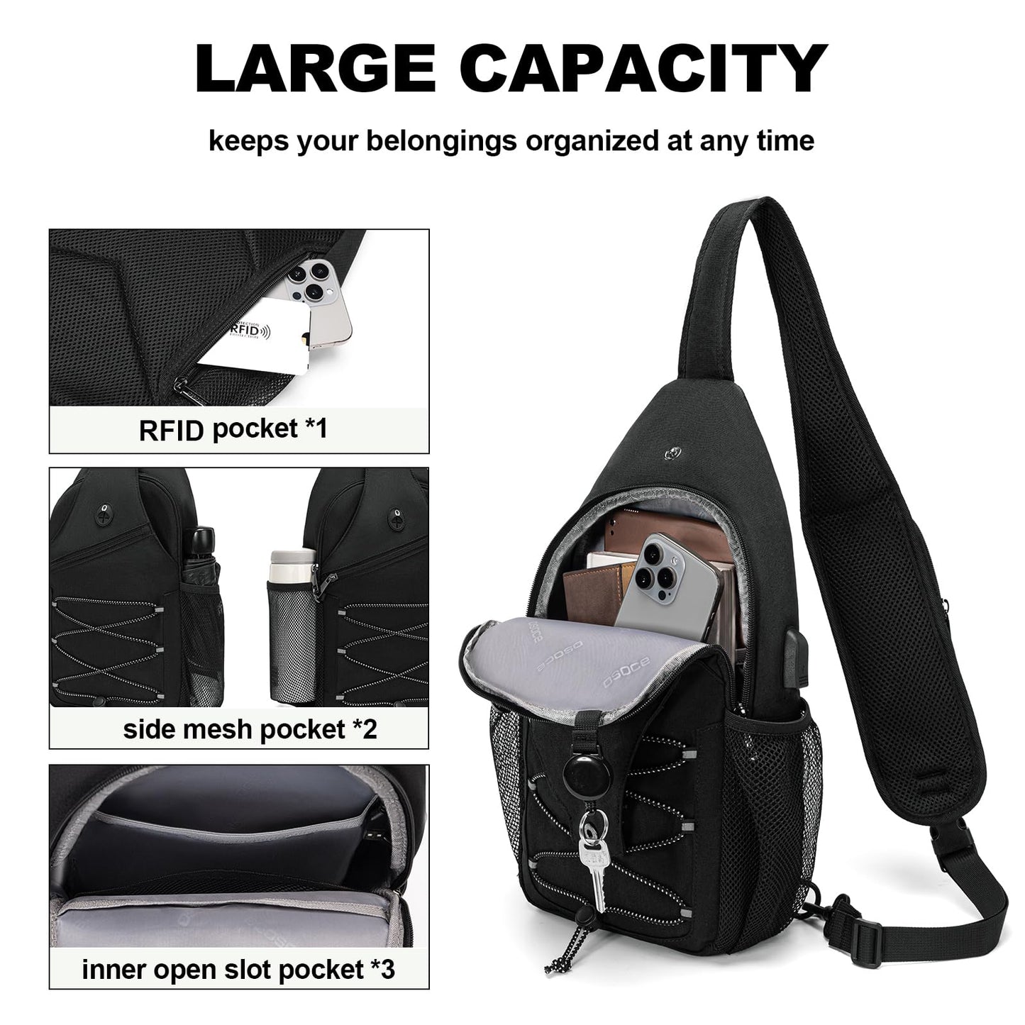 OSOCE Anti Theft Sling Bag RFID Blocking Crossbody Chest Bag for Men Women Water Resistant Travel Fits 9.7" iPad