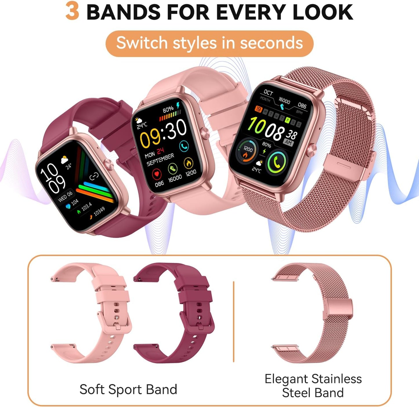 Skiennix Smart Watch | Fitness Tracker with 1000mAh Battery & Sleep Monitor - Pink, 3 Straps, 110+ Sports Modes