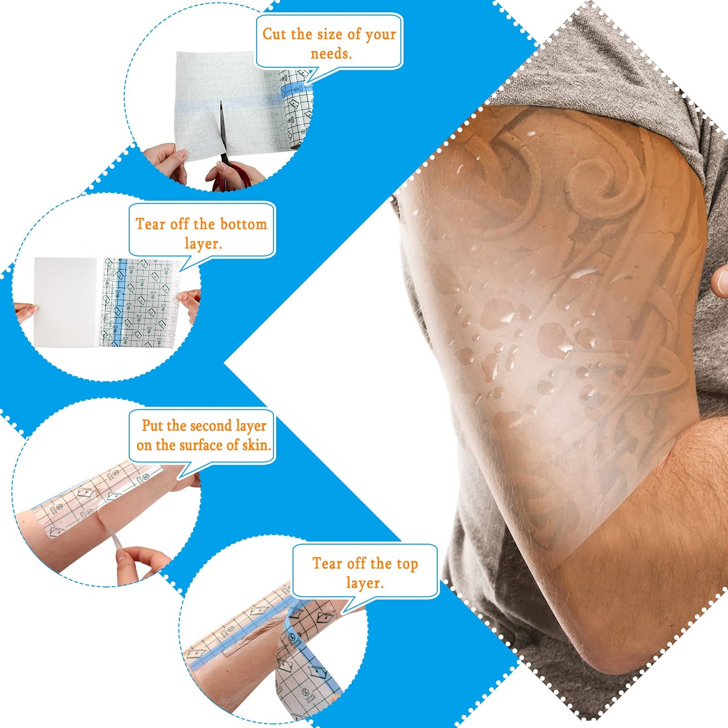 Zonon 18 Rolls Tattoo Aftercare Bandage Waterproof Transparent Stretch Adhesive Bandages Clear Adhesive Bandages Dressing Tape Second Skin Tattoo Cover for Swim, 3 Size(2 Inch, 4 Inch, 6 Inches Wide)
