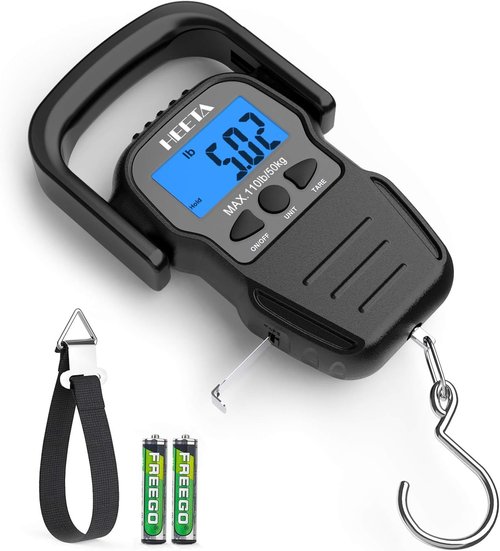 HEETA Digital Fish Scale - Backlit LCD Display, 110lb Capacity, Includes Hook & Measuring Tape