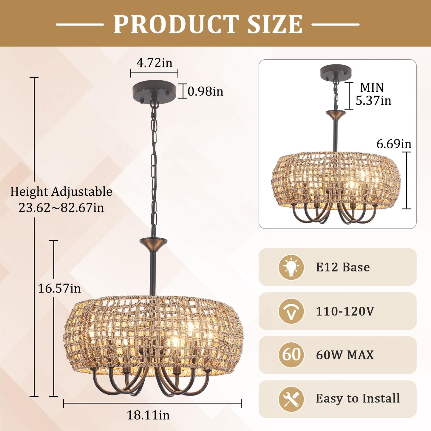 BYKWRTV 6-Light Rattan Chandelier Light Fixture, 18.11'' Wicker Chandelier Boho Kitchen Light Fixtures, Rattan Pendant Light Rustic Farmhouse Chandeliers for Dining Room Living Room Foyer