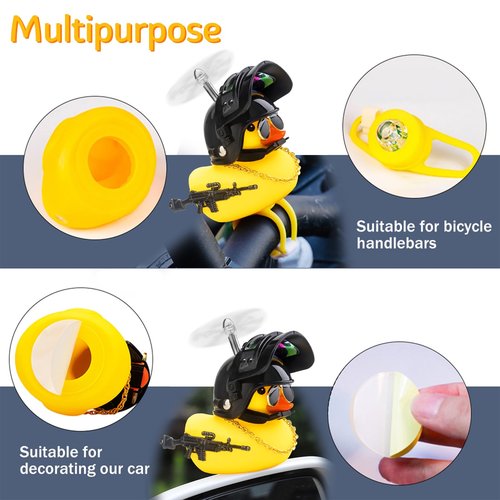wonuu Rubber Duck Bike Bell, Squeeze Ducks with Helmet for Cycling Car Dashboard Decorations Motorcycle Bicycle Accessories (Silver-Black)