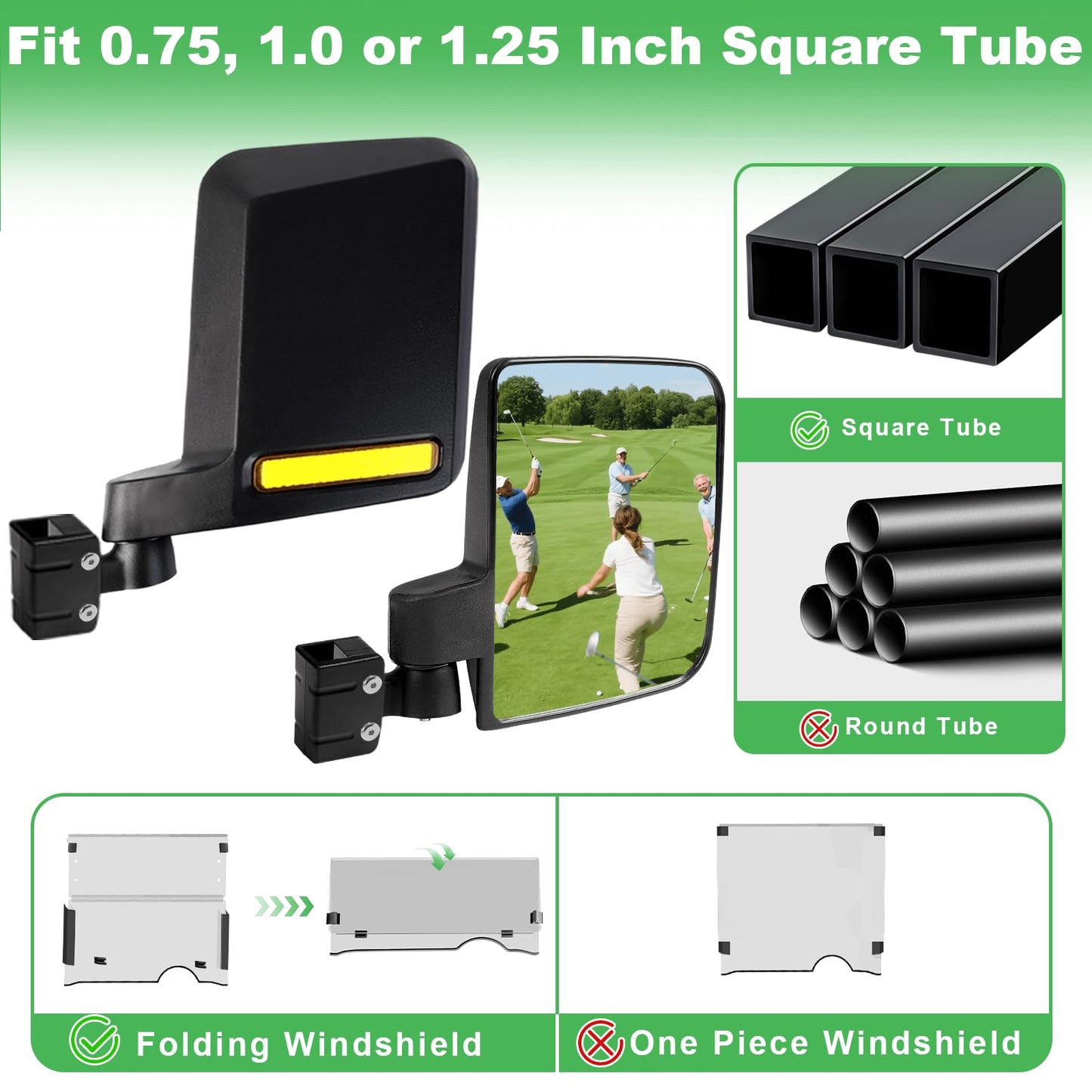 No Drilling Golf Cart Side Mirrors with Built-In Reflector, Universal HD Folding Side View Mirrors Fit EZGO, Club Car, Yamaha Golf Carts, for 0.75"/1"/1.25" Square Strut, Shatterproof Anti-Fog Glass