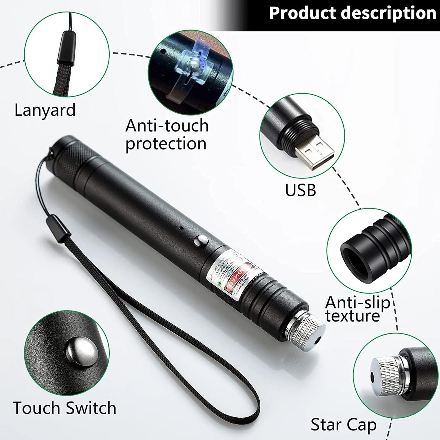 Cyahvtl Laser Pointer, Tactical Flashlights 2000 Metres Green Long Range High Power Handheld Flashlight, Rechargeable Laser Pointer for USB, with Star Cap Adjustable Focus Suitable for Projecto