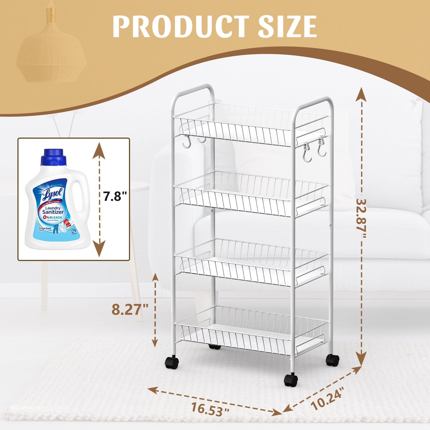 PLKOW 4-Tier Metal Rolling Utility Cart, Multi-Functional Storage Cart for Office, Living Room, Kitchen, Bathroom, Lightweight Organizer Cart with Wheels, White