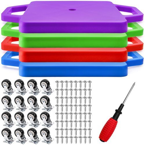 AVLA 4 Pack Sports Scooter Board with Handles, Plastic Casters Floor Scooters for Kids, Indoor Sitting Scooter with Rollers, Physical Education for Home, Homeschool Supplies