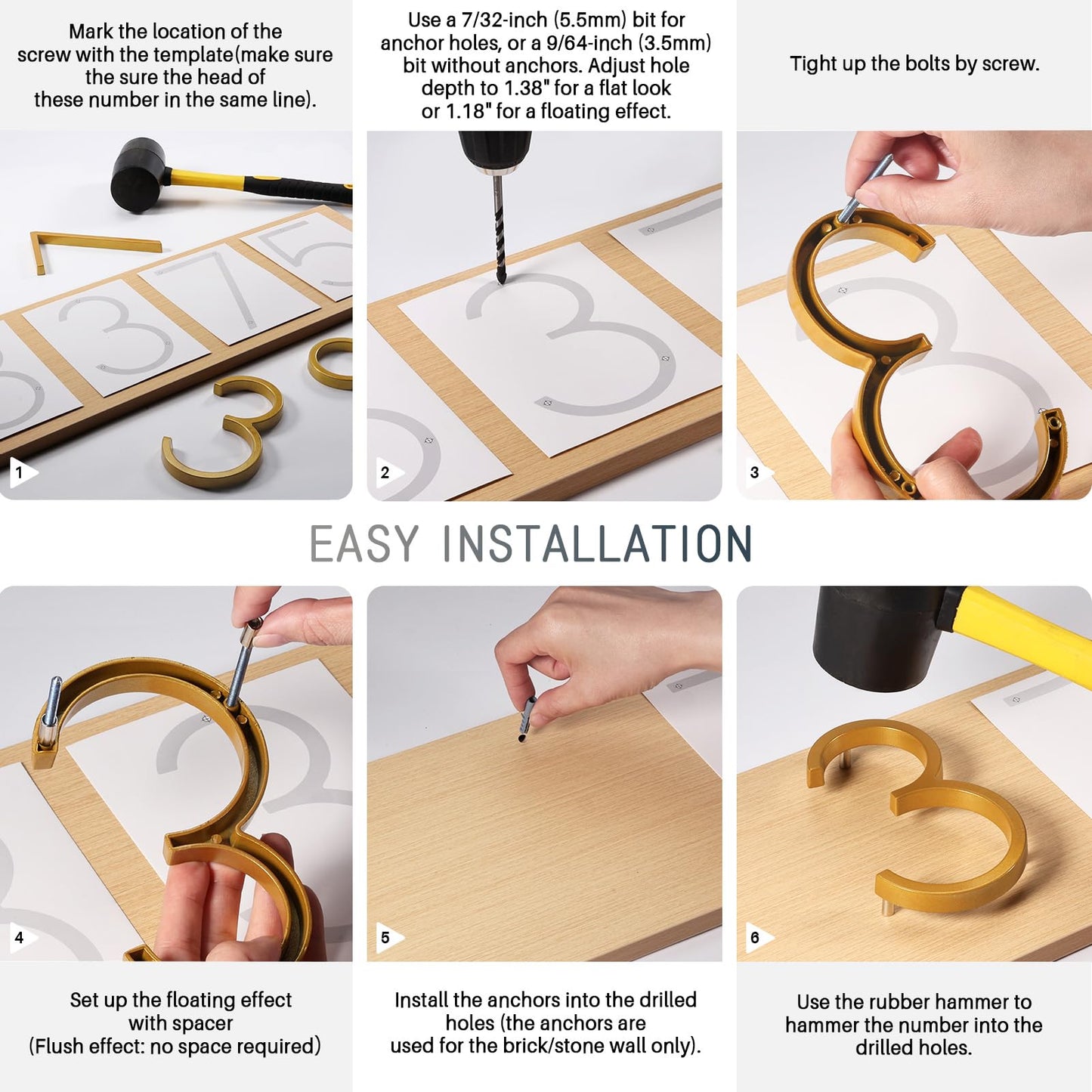 VONDERSO 6 Inch Floating House Numbers for Outside,Modern Metal Address Number 1,Durable Weather-Resistant Gold Powder Coated Finish,No Fading (Gold)