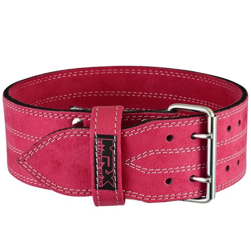MRX Powerlifting Leather Belt 4" Wide 10mm Thickness Training Fitness Back Support Bodybuilding Belts with Steel 2 Prong Buckle Pink (Small)