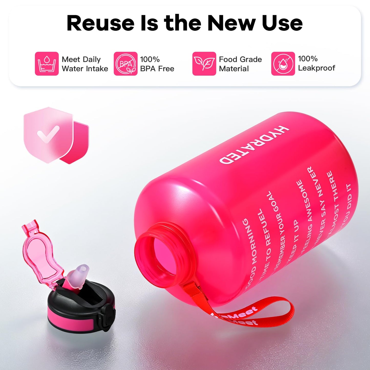 WEMEET Motivational Gallon Water Bottle, BPA Free, Large Sport Water Jug with Handle & Straw, for Fitness, Outdoor, Gym, Travel, Camping, Office (Pink)