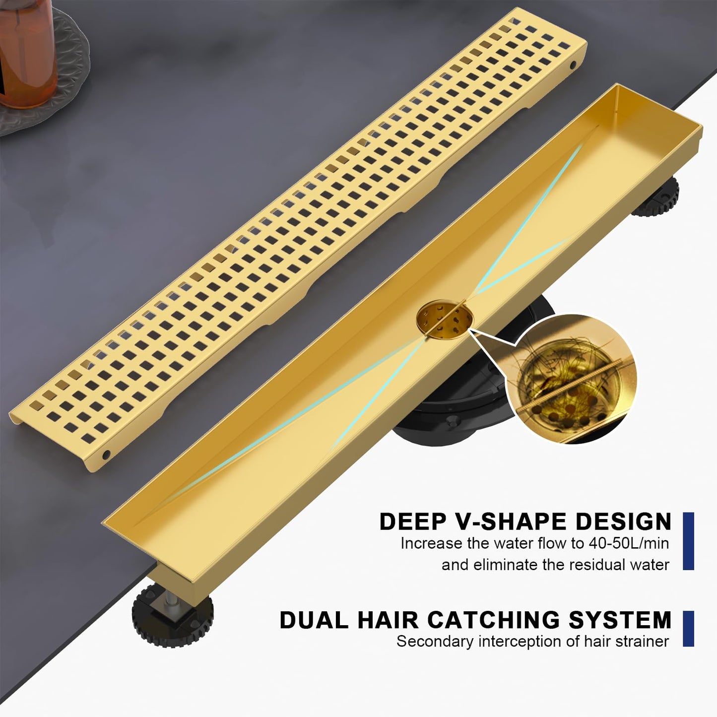 Linear Shower Drain | 24 Inch AISI 304 Stainless Steel Shower Drain, Brushed Gold Linear Drain with Removable Quadrato Grate Cover & Adjustable Feet, Rectangle Floor Drain, in Bathroom Balcony etc
