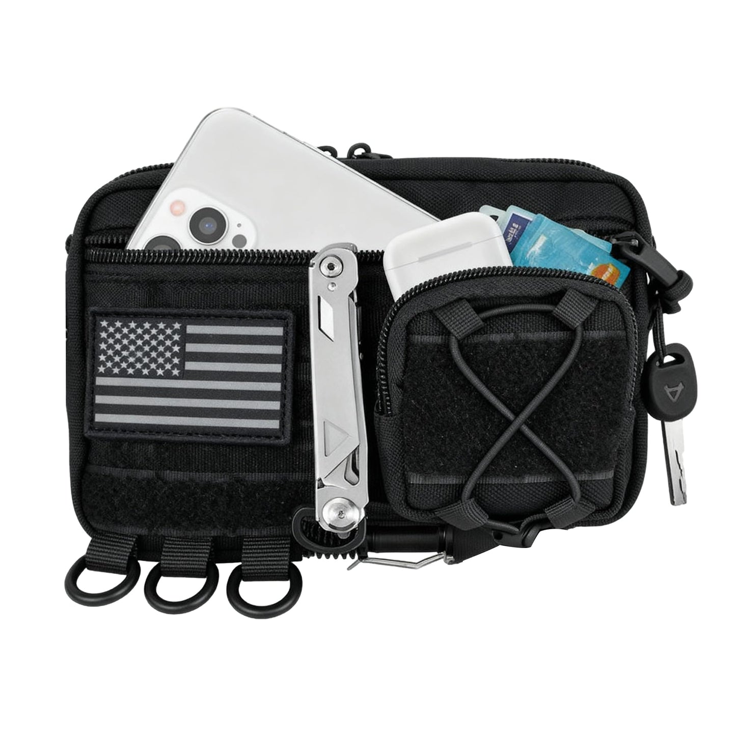 Tactical Molle Admin Pouch, Multi-Purpose EDC Tool Organizer Fits Tactical Rucksack Combat Vest with US Flag Patch(Black)