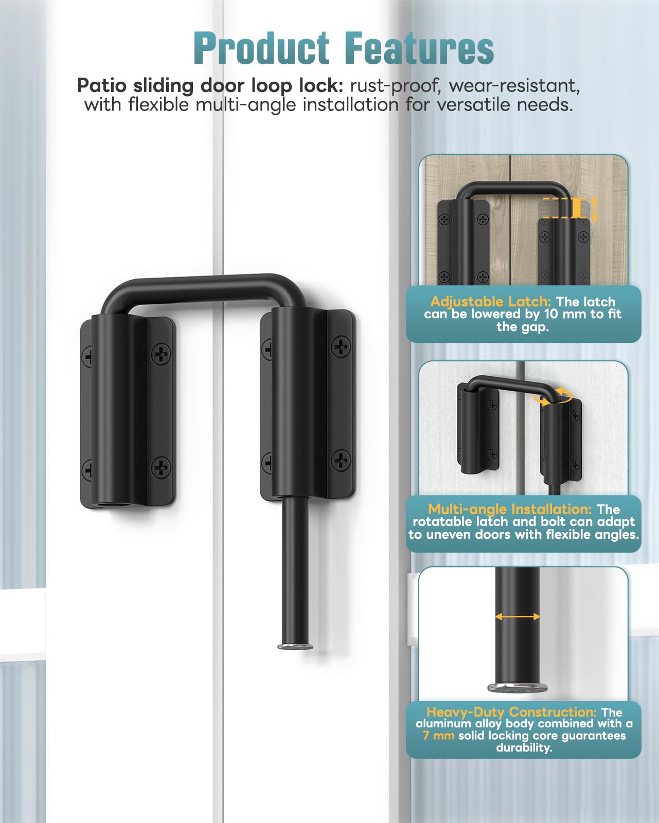 MeBantoo Updated U Patio Sliding Door Loop Lock Latch - 90/180 Degree Aluminum Alloy Security Bolt Lock for Barn, Garden, Fence Gate, Window - Multi-Angle Mounting (Black-1 PC)