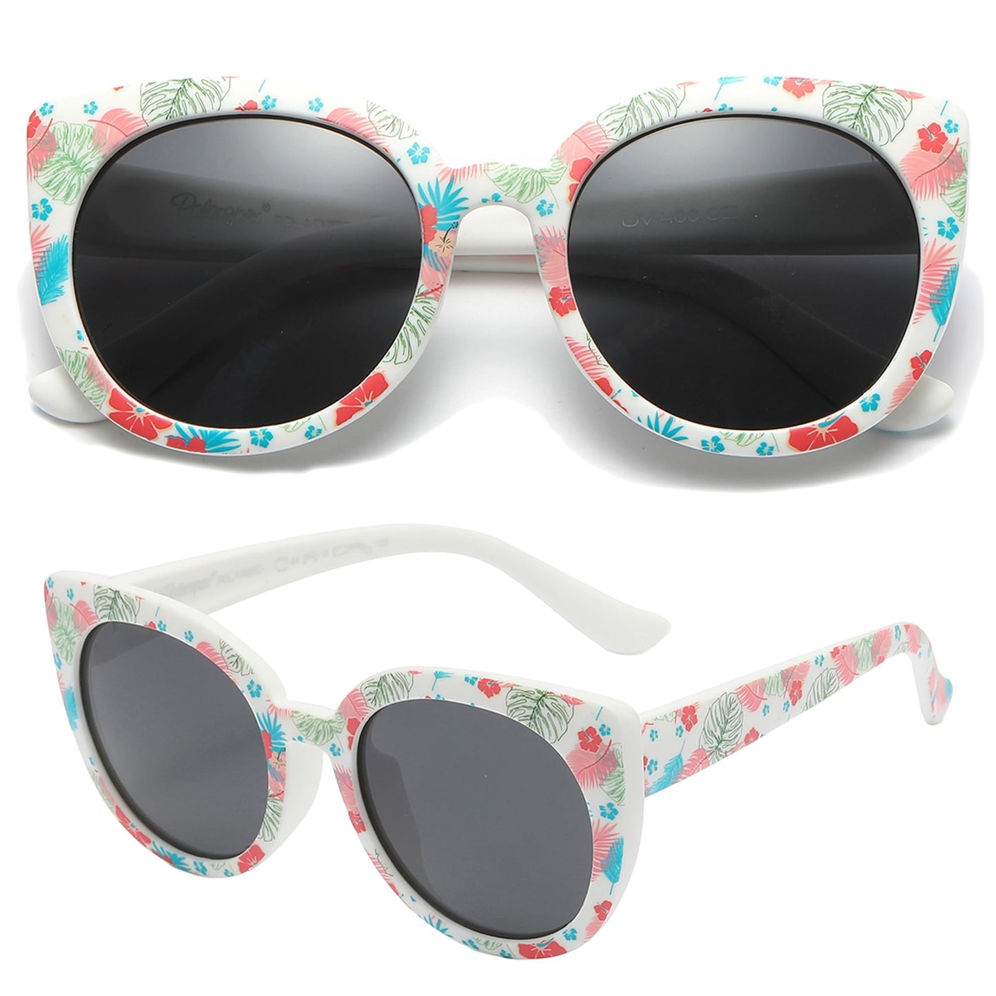 PolarSpex Toddler Sunglasses – Polarized UV Protection Cat Eye Sunglasses with Unbreakable Frame for Girls Age 2-8 (Hibiscus Flower | Polarized Smoke, 45, Millimeters)