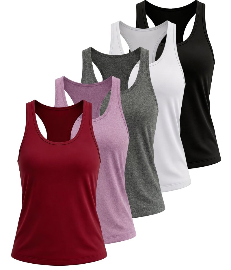 TELALEO 5 Pack Workout Tank Tops for Women, Athletic Racerback Sports Tank Top, Loose Sleeveless Dry Fit Shirts Black/Grey/White/Red/Purple L/02