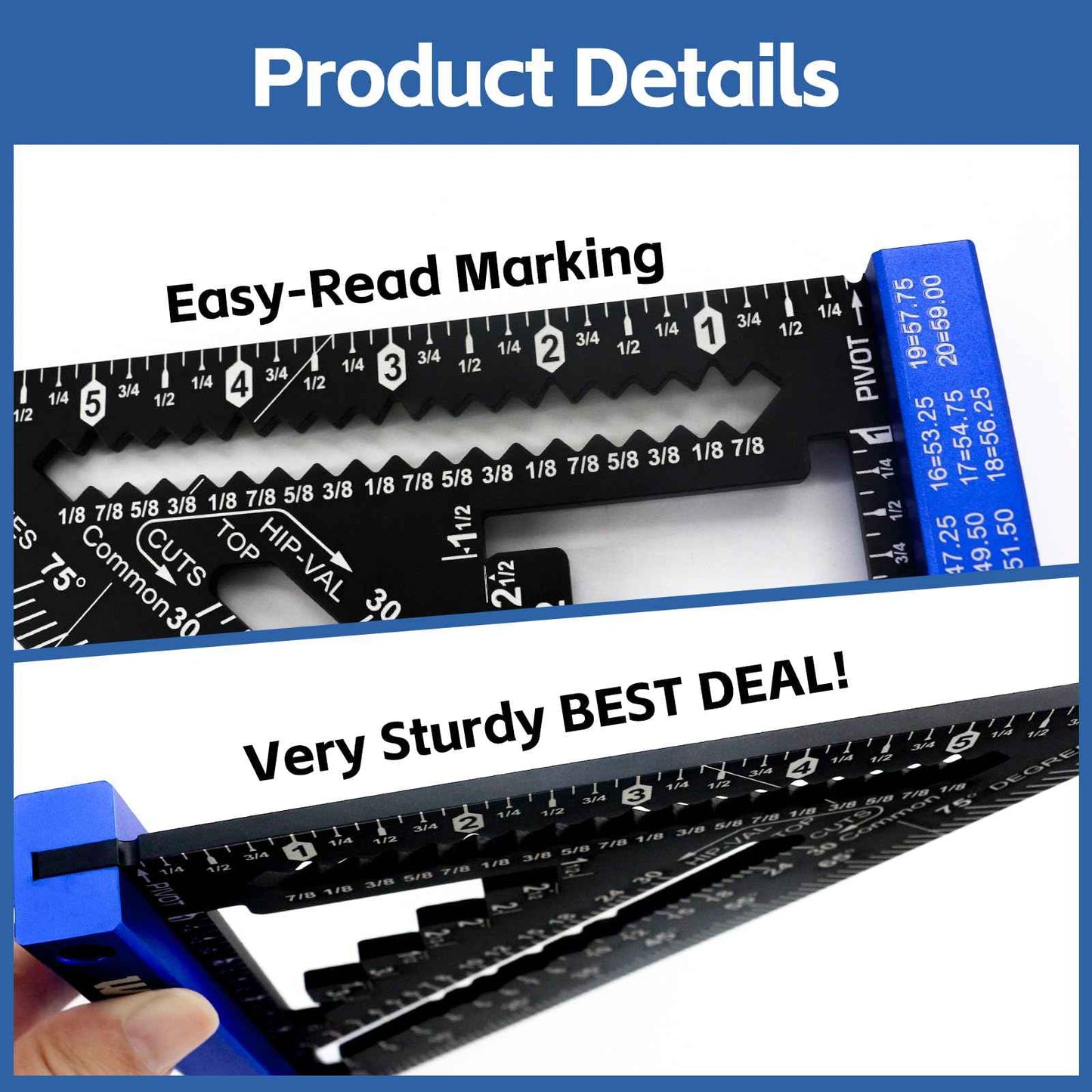 7inch Rafter Square with Carpenter Pencil, 1/8" Precision Heavy Duty Aluminum Woodworking Rule,Laser Etched Scale, Triangle-Ruler Measuring Layout Tool -Blue (Blue & Black)