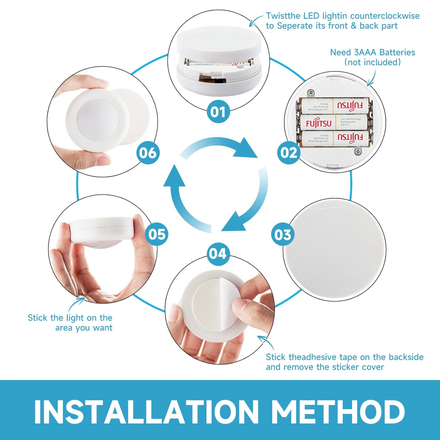 Lilampts LED Puck Lights with Remote Control, Wireless Under Cabinet Lighting,Color Changing Lights with Dimmer and Timer, AAA Battery Operated Powered Push Night Lights (3 Pack White)