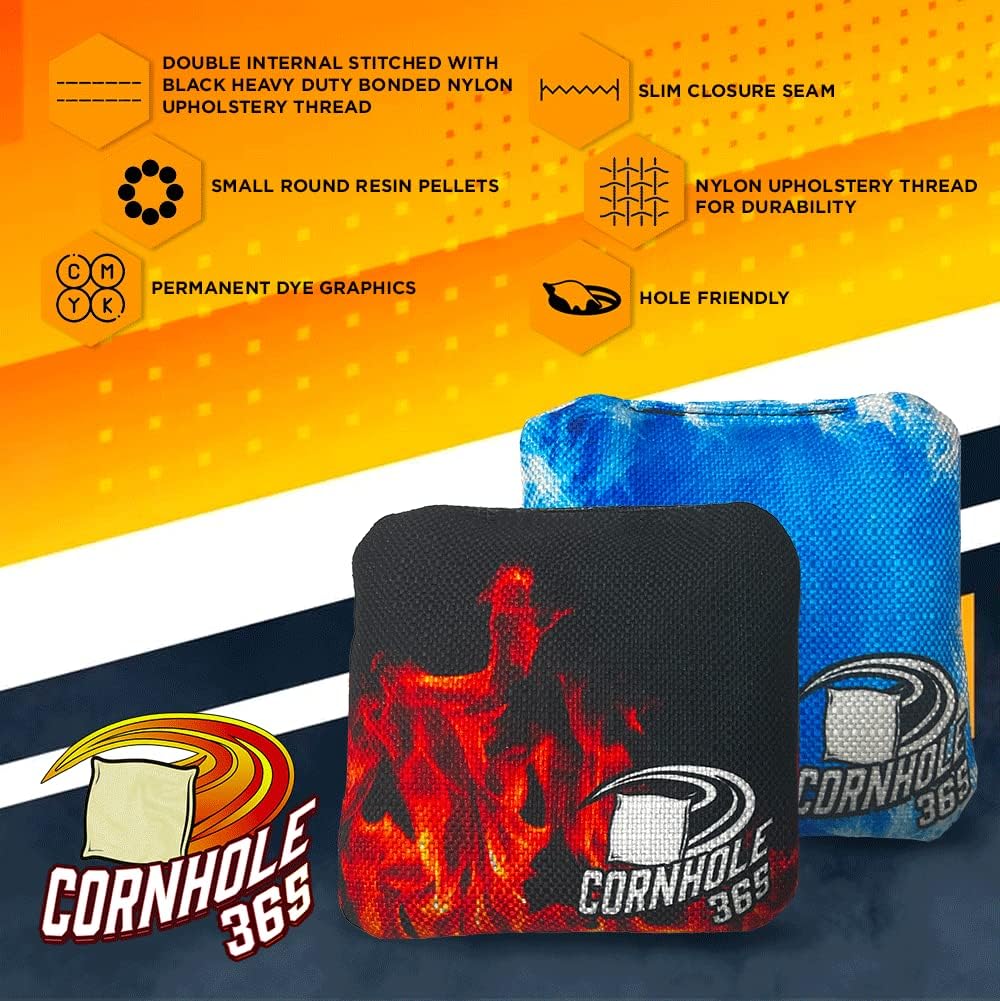 Cornhole365 Cornhole Bags - All-Weather, Heavy-Duty, Double-Stitched Fabric - Fire & Ice Design, Set of 8