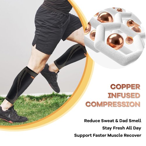 Copper Calf Compression Sleeves - High Stretch Graduated Support with Anti-Slip Grip | Breathable Footless Design for Runners & Travel (1 Pair)