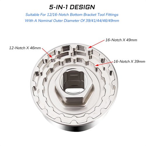 KIEVODE 5-in-1 Bike Bottom Bracket Tool for 12/16-Notch 39/41/44/46/49mm External Cups Lockring Install Removal - for Shimano, SRAM, FSA, Rotor, Chris King, Hawk Racing, Campagnolo, Truvativ GXP, etc