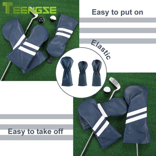TEENGSE 3PCS Golf Club HeadCovers Set, PU Leather Golf Iron Cover for Fairway Driver Woods Hybrid Golf Accessory for Club Protection Classic Stripes Cover