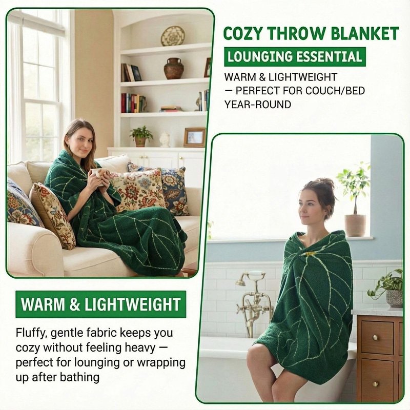 ZZTLHDS Leaf Shaped Half-Pile Blanket, Rogation 2-in-1 Ultra-Soft Half-Pile Wipe Bath Towel & Throw Blanket, Multipurpose Leaf Design for Bedroom, Travel, Couch Warm & Stylish(Green)