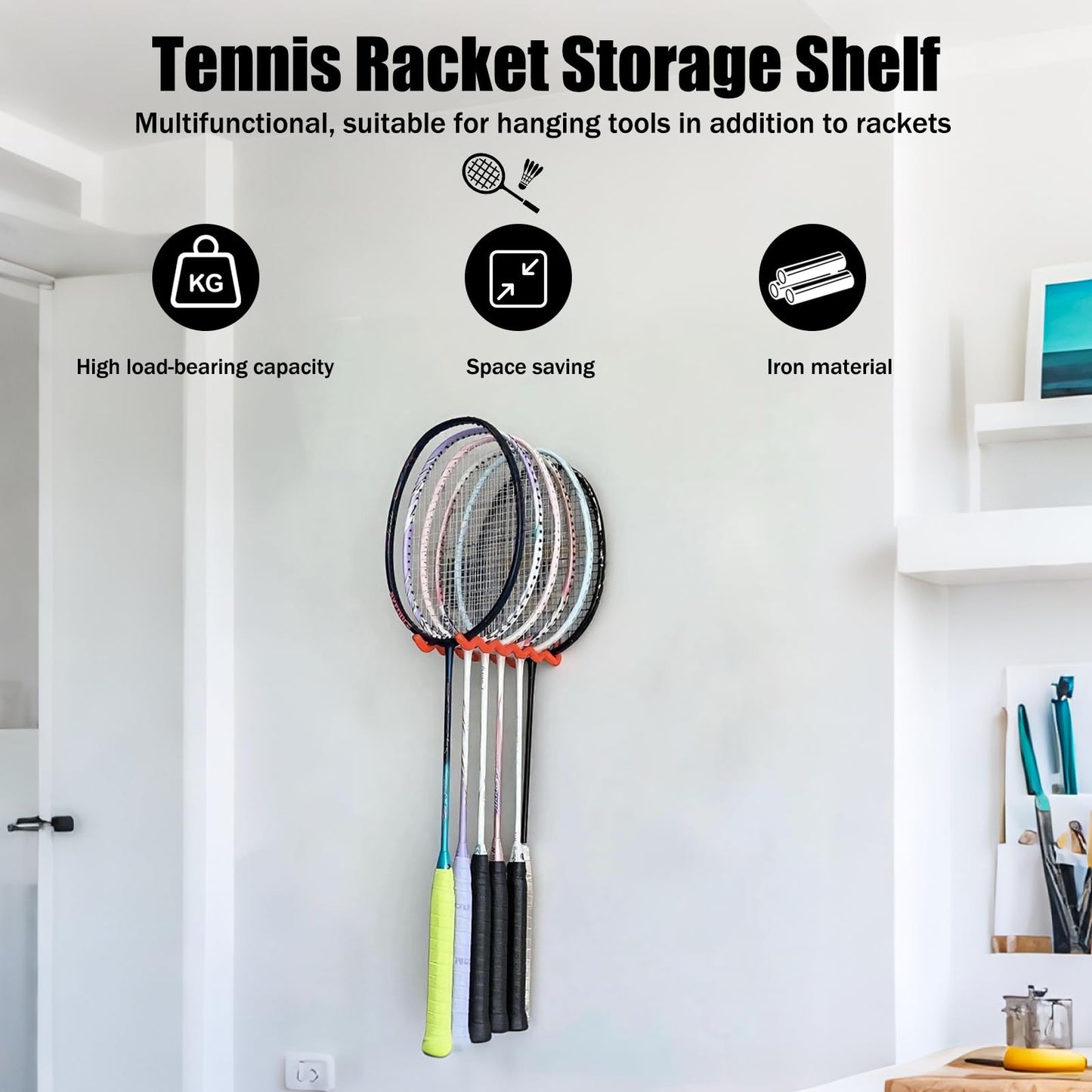 2 Pack Tennis Racket Holder, Wall Mounted Tennis Racket Storage Rack, Badminton Racket Stand for Badminton Rackets Tennis Rackets Table Tennis Rackets with Hardware and Anti-Scratch Silicone Tube