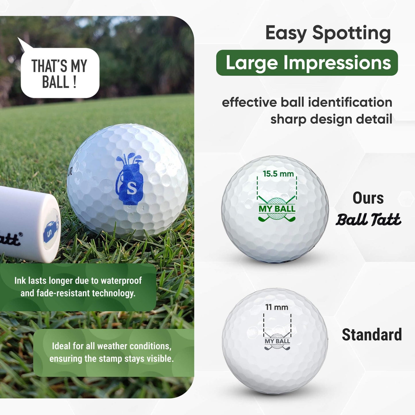 Ball Tatt – Personalized Golf Ball Stamp - Self-Inking Quick-Dry Letter Monogram Stamper, Permanent Waterproof Ball Marking Tool, Reusable No Refills - Ideal Gift for Golfers, Dads - (S Golf Bag)