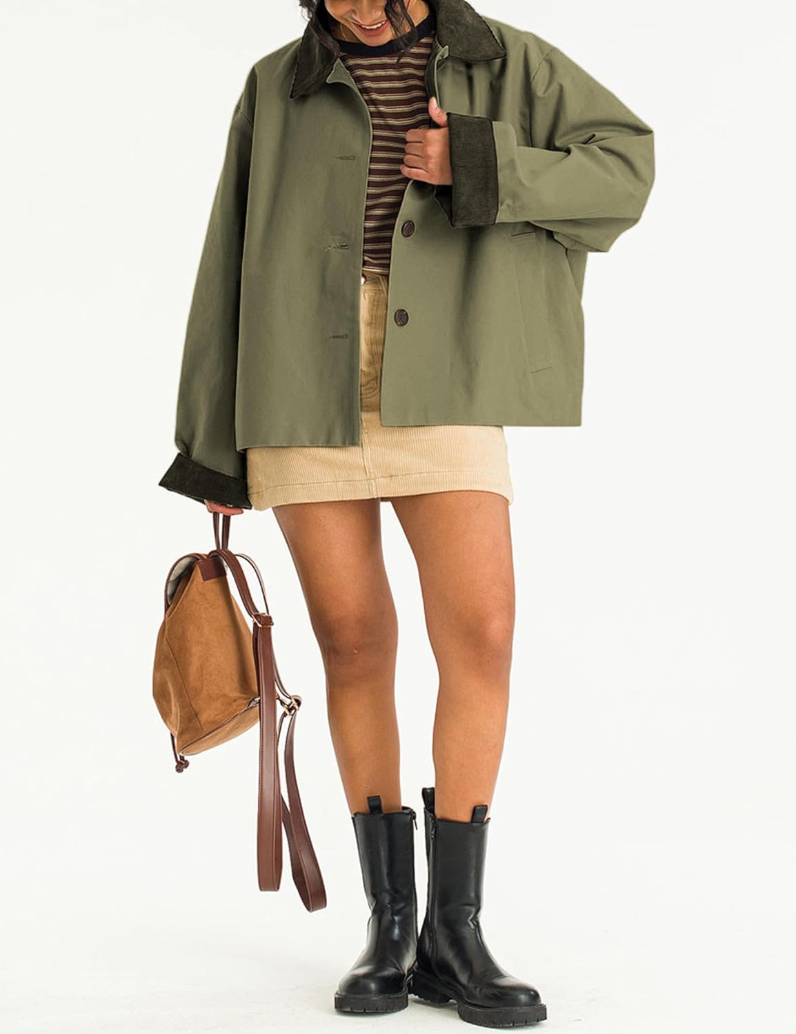 Viefent Women's Crop Trench Coat - Casual Button Down Jacket with Pockets | Army Green, Long Sleeves