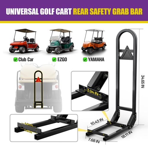 Golf Cart Rear Seat Grab Bar, Universal Back Seat Handrail Grip Bar Compatible with Club Car EZGO YAMAHA(2+2) /(4+2) Golf Cart with Metal Footplates, Heavy Duty Safety Hand Rail for Passenger Security