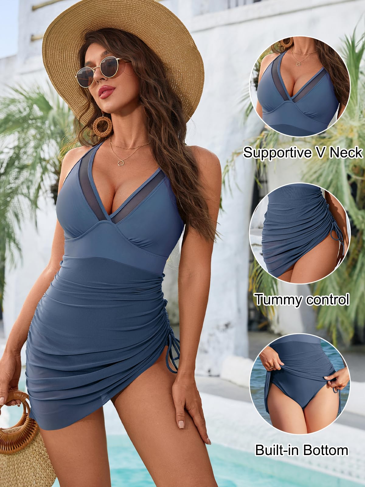 Blooming Jelly Women One Piece Swim Dress Tummy Control Swimsuits Slimming Mesh Sheer Bathing Suit (XXL, Haze Blue)