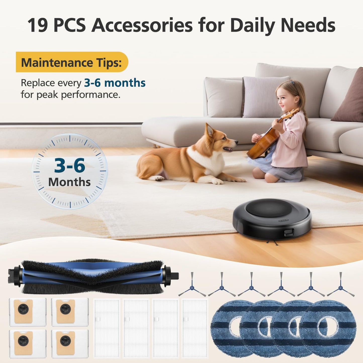 𝗢𝗺𝗻𝗶 𝗖𝟮𝟬 Accessory Kit for eufy Omni C20 Robot Vacuum, 𝟭𝟵 𝗣𝗔𝗖𝗞 Replacement Parts Include: 1* Main Rolling Brush, 4* Washable Filter, 6* Side Brush, 4* Dust Bag, 4* Mop Pad