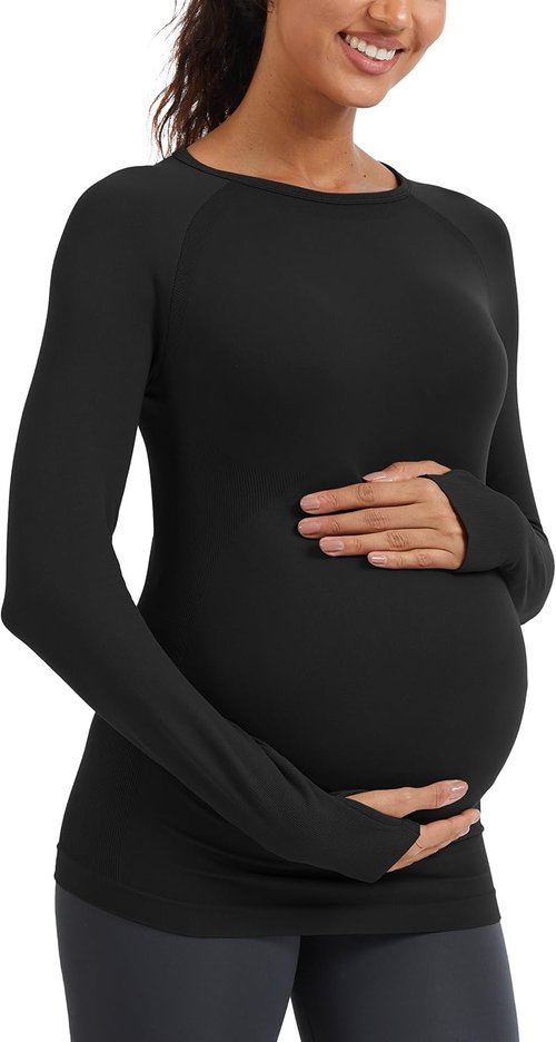 MathCat Seamless Maternity Shirts - Long Sleeve Athletic Tops for Women | Comfortable Yoga & Casual Tee