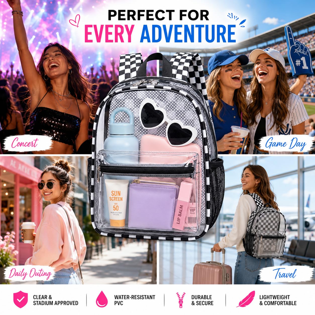 BTOOP Clear Mini Backpack for Stadium Events 12x12x6 Small Transparent Backpacks Plastic See Through Clear Bag for Concerts Work Festival Security Travel
