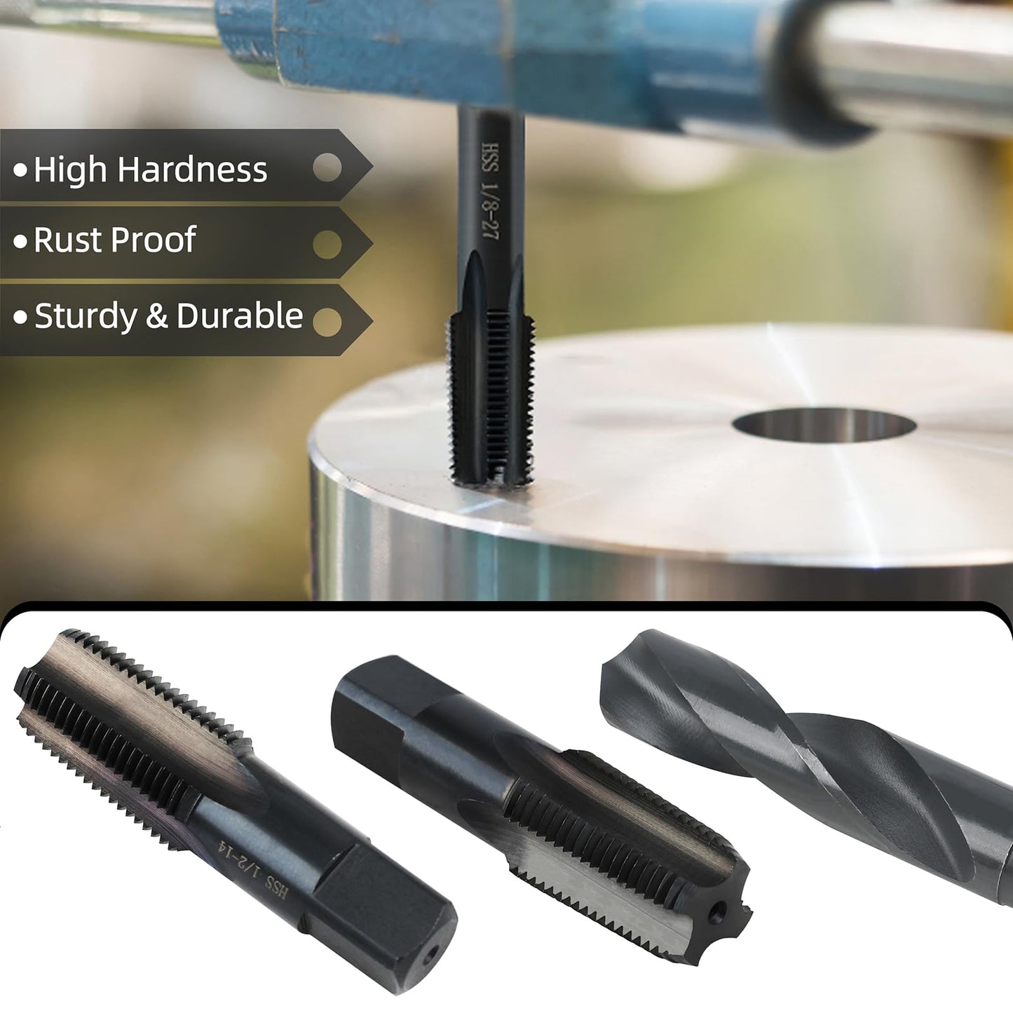 RURITKIT 1/4-18 NPT Pipe Tap and 7/16" drill Set, Carbon Steel Hand Threading Plumbing Tap Set for Plumbers Mechanics DIY Thread cutting tools