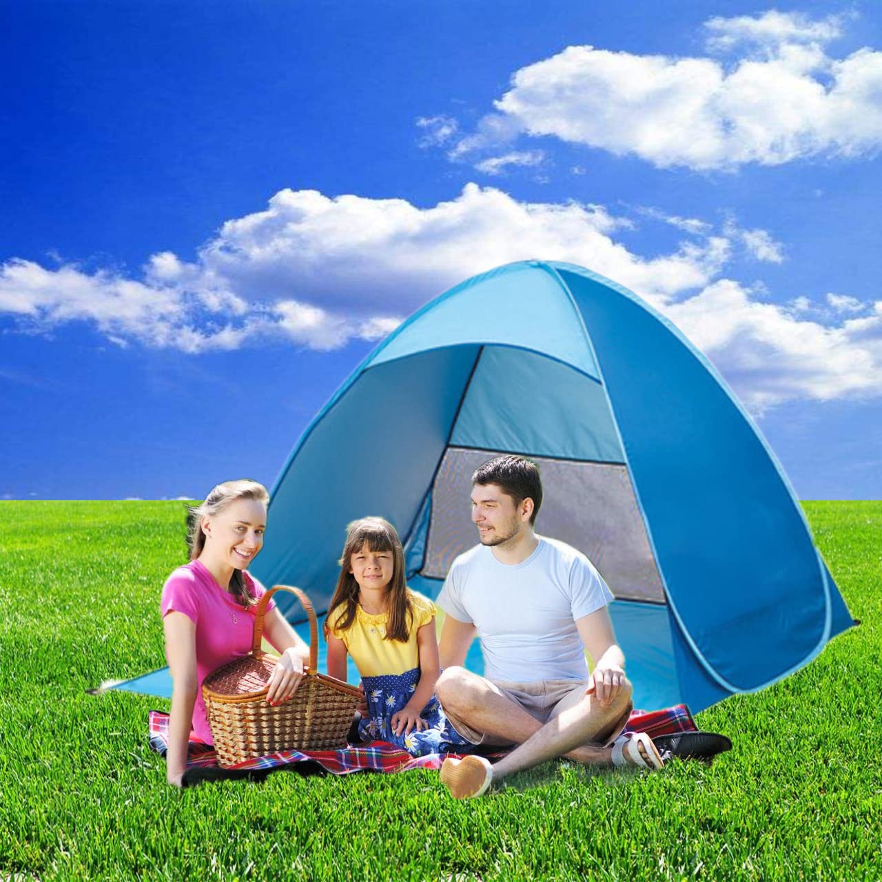 Pop Up Beach Tent – for 3-4 Person UPF 50+ UV Sun Protection Beach Shade Pop Up Sun Shelter with Carry Bag and Tent Stakes for Beach, Park, Camping (X-Large)