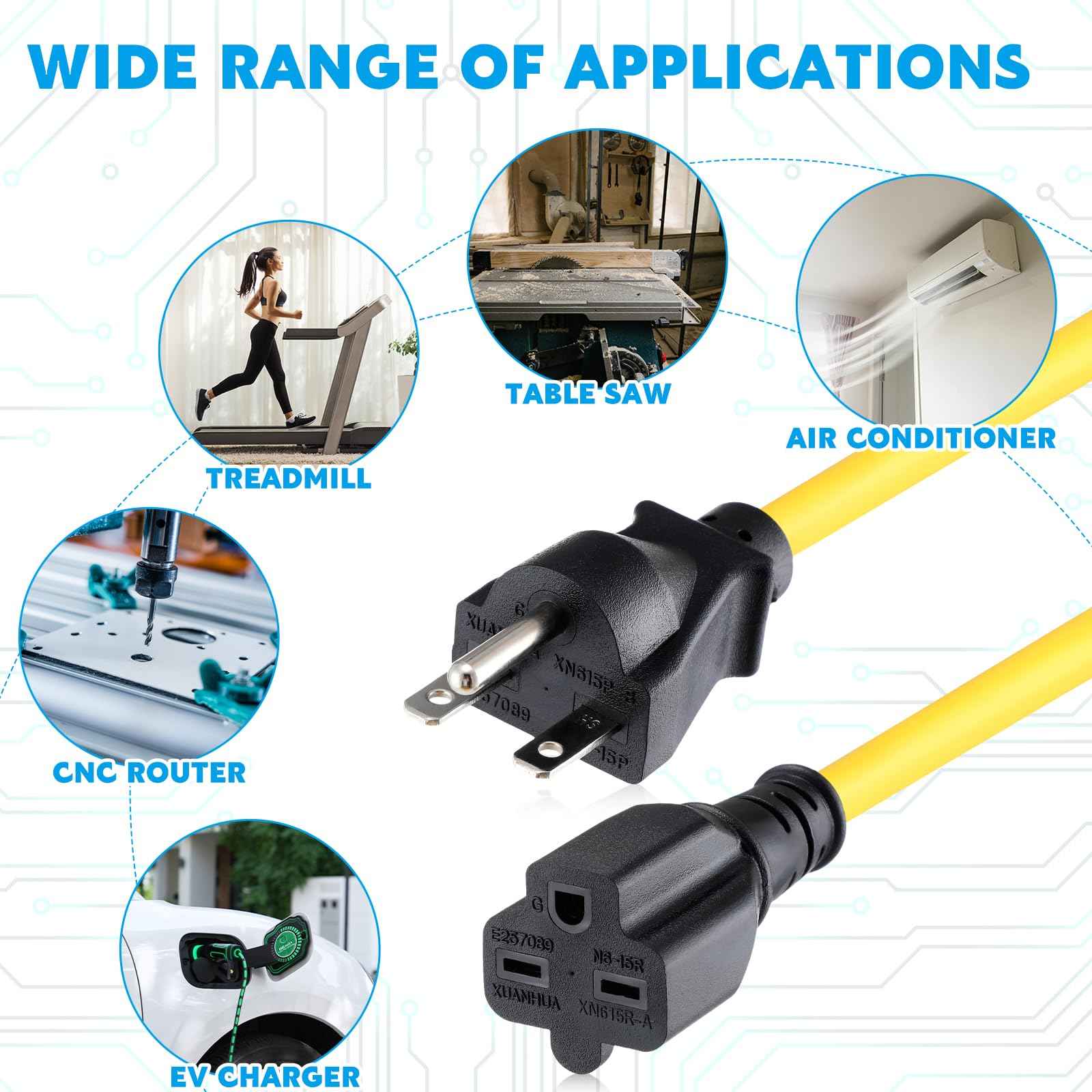 Tellegloww 10ft NEMA 6-15 Extension Cord 6-15P Male to 6-15R Female, 15 AMP Power Cable for 220/240V Air Condition, LED Grow Lights, Digital Ballast Power Cord Heavy Duty 14/3 AWG, 240V, 3750W