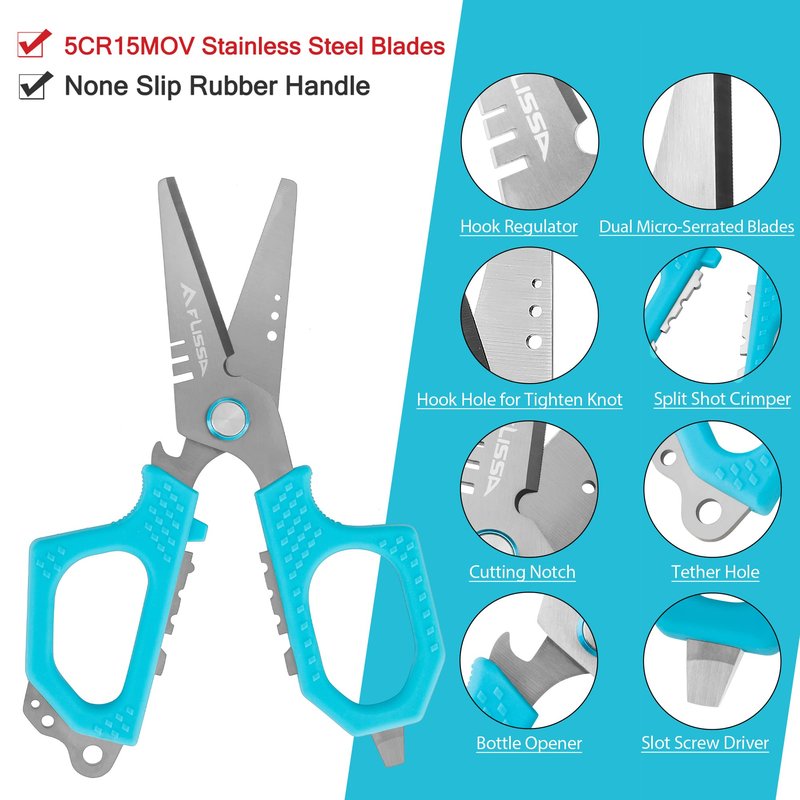 FLISSA 4-Piece Fishing Tool Kit Includes Muti-Function Fishing Pliers, 6" Fish Fillet Knife with Sheath, Braided Line Scissors with Sheath, Fish Scale with Lip Gripper and 3pcs Safety Coiled Lanyard