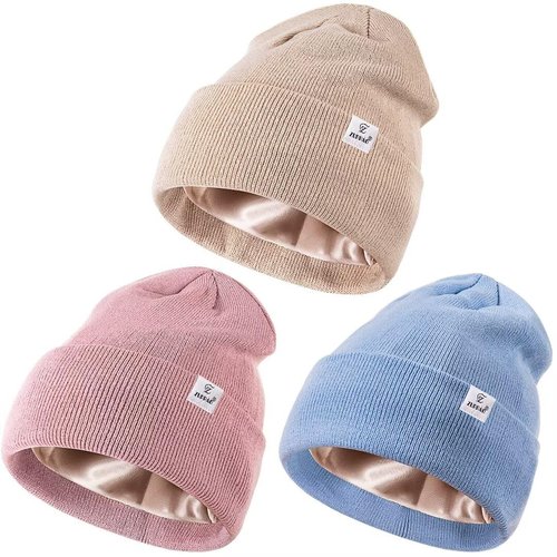3 Pack Satin Lined Winter Beanie Hats,Silk Lined Beanie Knit Soft Warm Cuffed Hat for Women Men Color 5