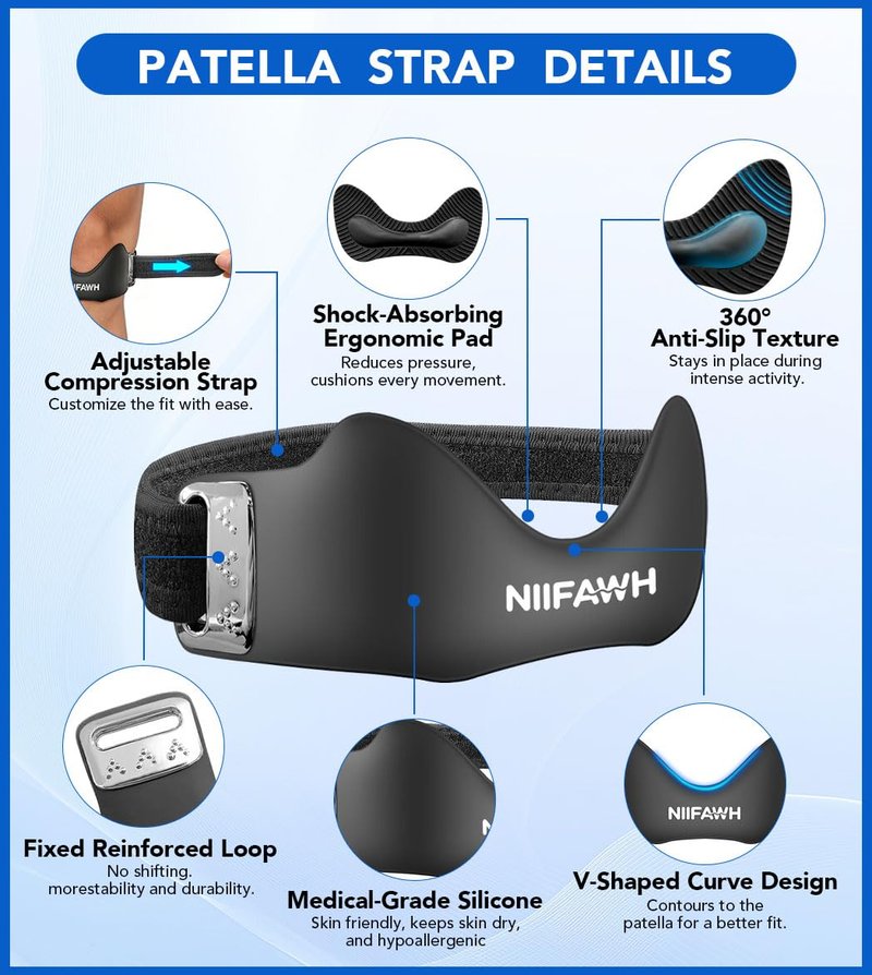 Niifawh Patellar Tendon Support Strap 2 Pack, Silicone Patella Band for Women Men Adjustable Non-Slip Patella Knee Brace Patella Bands for Basketball, Jumpers Knee, Tendonitis, Running, Hiking, Soccer