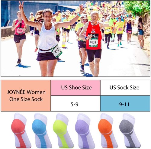 JOYNÉE Women's Athletic Running Socks - Cushioned Low Cut Tab | 6 Pack in White, Size 9-11