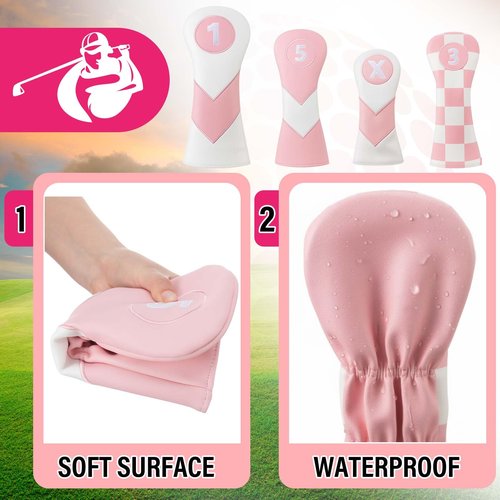 LaRandom 16 Pcs Golf Accessories Kit Include 4 Pcs Golf Club Head Covers, Ball Bag with Hook Towel Magnetic Ball Marker Tees Divot Tool Cleaner Brush for Gifts(Pink,Checkered)