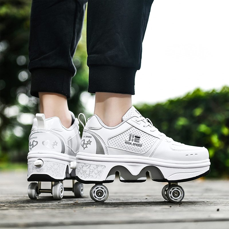 Pairobin 2-in-1 Roller Skates Shoes with Retractable 4 Wheels & Pop-Out Deformation Sneakers Outdoor Sports Skating Shoes for Girls Boys, White, 3.5