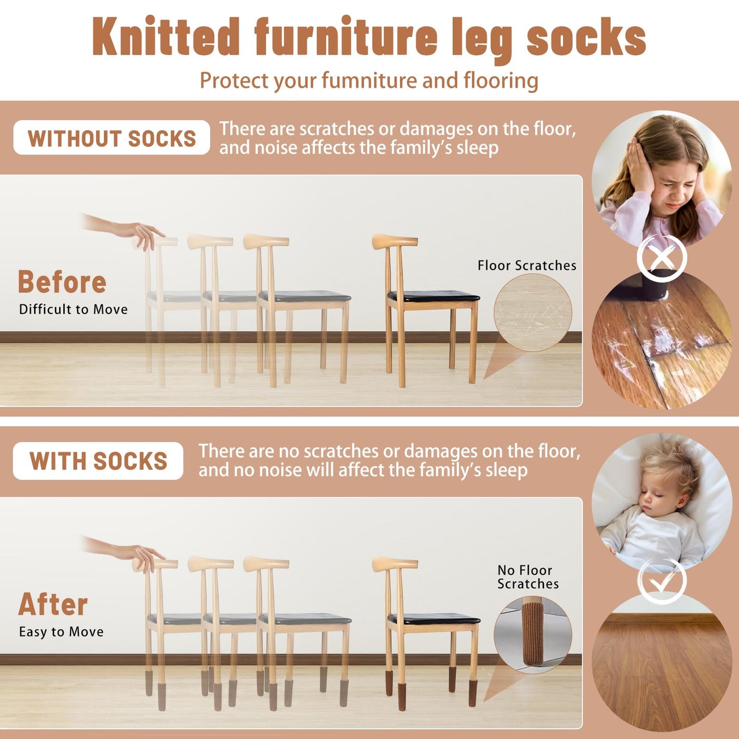 16 PCS Brown Furniture Leg Socks - Knitted Chair Leg Floor Protectors for Hardwood Floors - Fits Round and Square Legs - High Elastic Bar Stool Chair Leg Covers Furniture Caps Set for All Shapes