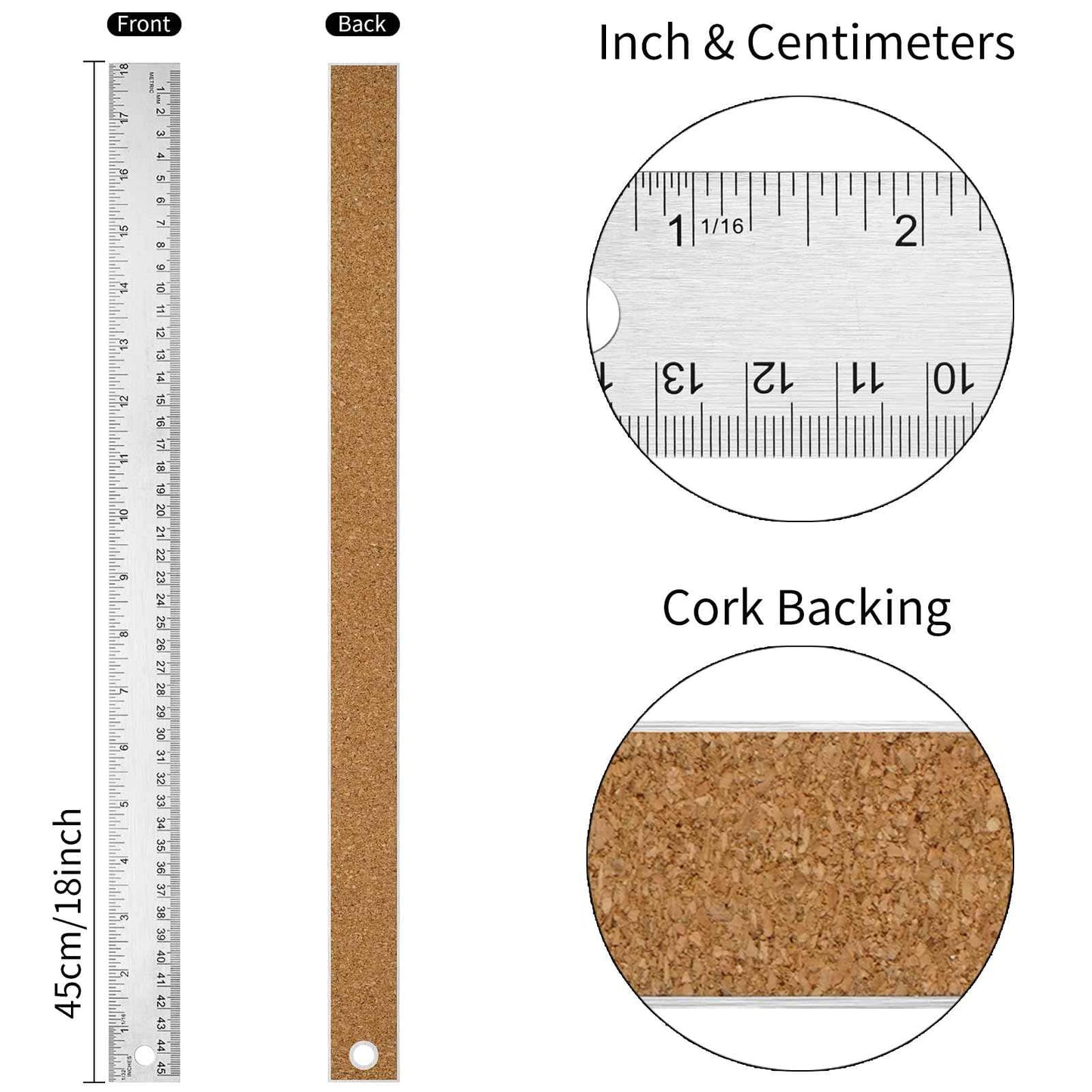 Metal Ruler with Cork Backing, 18 Inch Stainless Steel Rulers 18 Inch Metal Ruler 2 Pack - Imperial and Metric - Non-Slip Prevent Ink Leakage - for School Office Engineering Tools