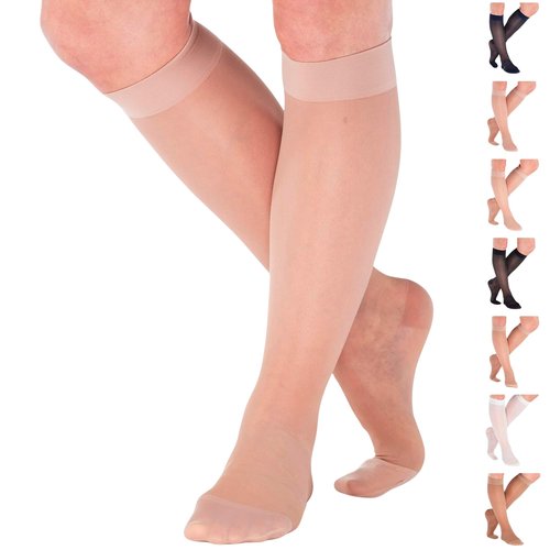 Made in USA - Compression Knee High for Women 15-20mmHg - Sheer Compression Support Stockings for Circulation during Flight, Travel, Airplane - Nude, 2X-Large - ATRAVEL101NU5