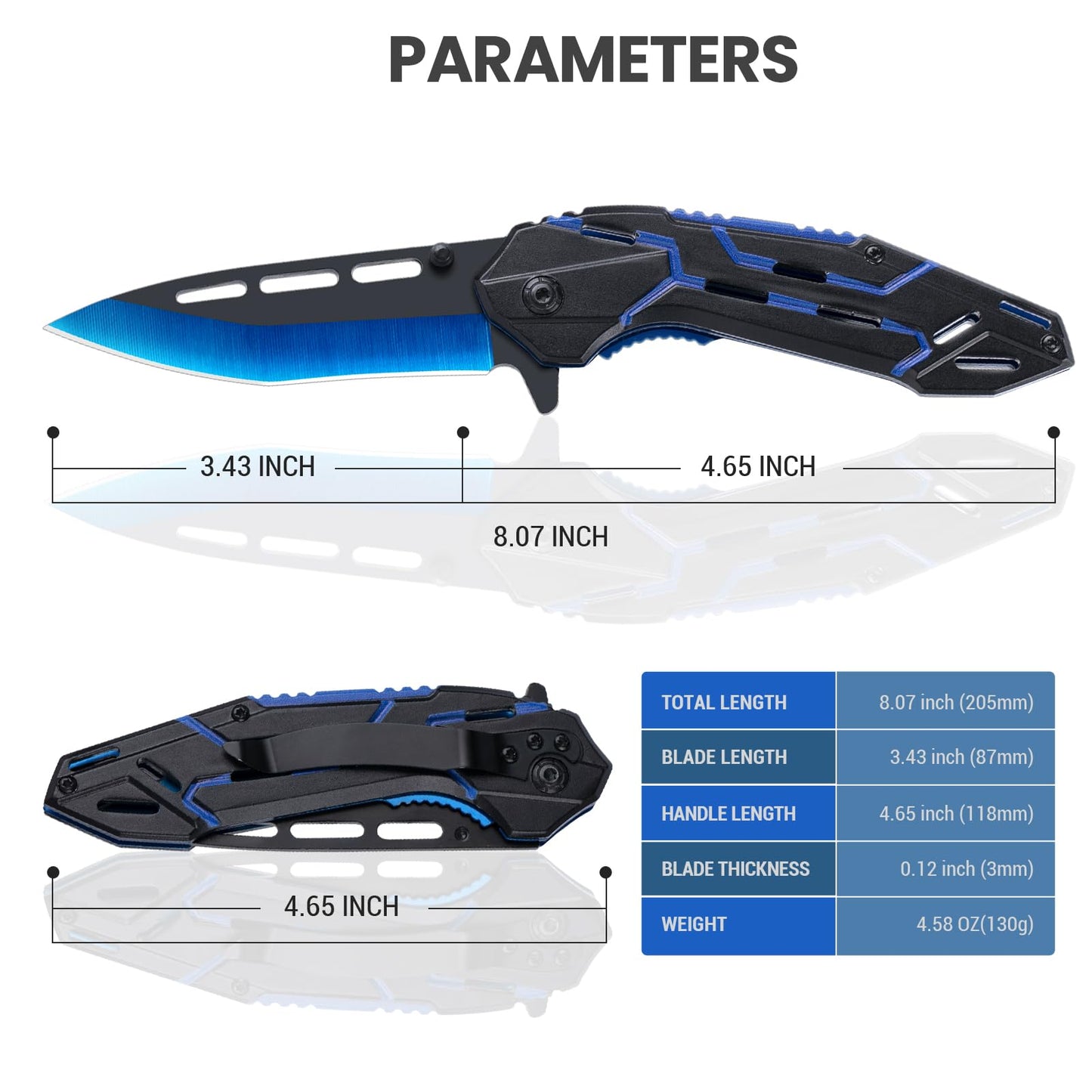 FUNBRO Cool Pocket Knife for Men, Camping Knife with 3.4” Stainless Steel Blade, EDC Folding Knives with Clip for Outdoor Hiking, Gifts for Dad Him Husband (Blue)
