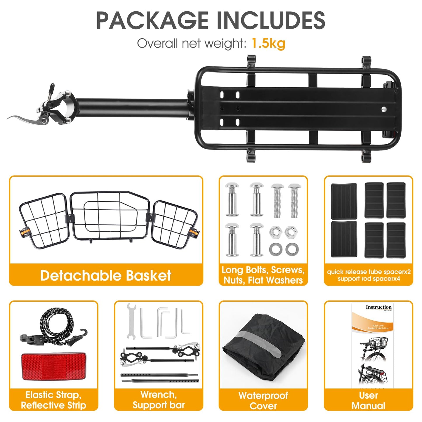 ANGGOER Rear Bike Rack with Basket, 165 LB Load Bike Cargo Rack - Aluminum Alloy Bike Rack for Back of Bike with Free Bungee Cord & Waterproof Cover & Installation Tool